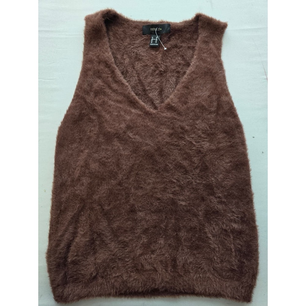 Forever 21 Plus Brown Fuzzy Eyelash Knit V-Neck Sweater Vest Size 0X